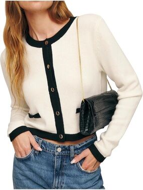 Amazon Cream Cardigan with Black Contrast Trim and Gold Buttons